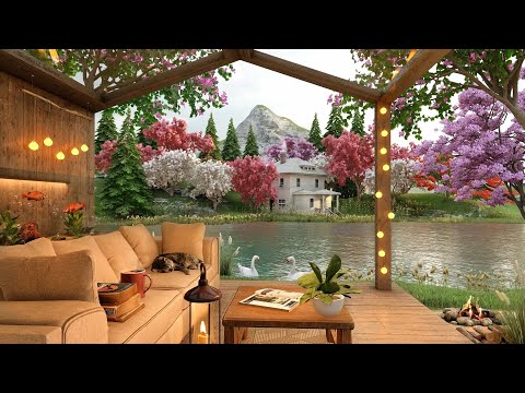 Cherry Blossoms Forest Ambience on Spring Terrace by the Lake with Cozy Campfire & Relaxing Birdsong