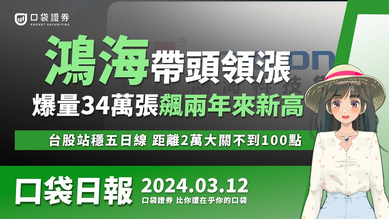 【口袋日報】鴻海帶頭領漲,爆量34萬張飆兩年來新高,台股站穩五日線,距離2萬大關不到100點!2024.03.12