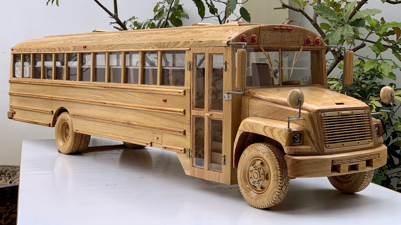 Wood Carving - Classic American School Bus Model - Woodworking Art