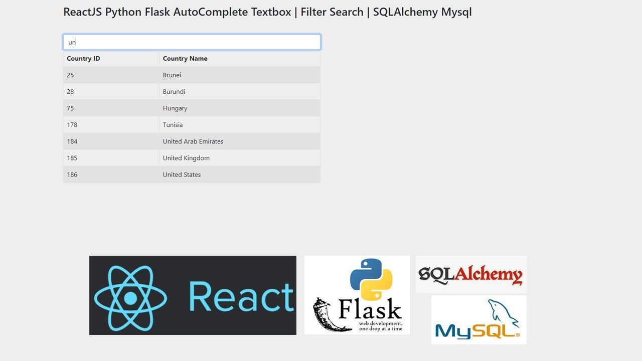 ReactJS Python Flask AutoComplete Textbox | Filter Search | SQLAlchemy Mysql