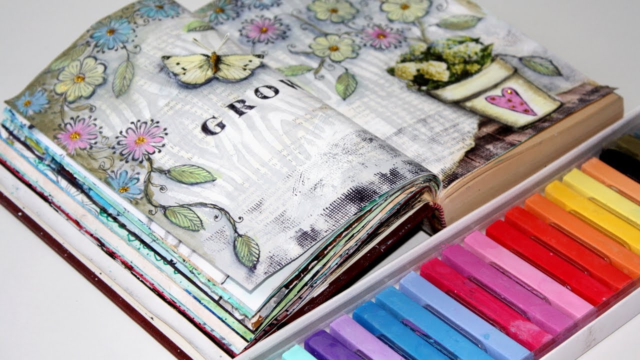 ART JOURNAL page with chalk pastels and flower stamps