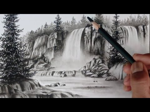 How to draw a waterfall flowing over the Rocky Mountains in pencil.