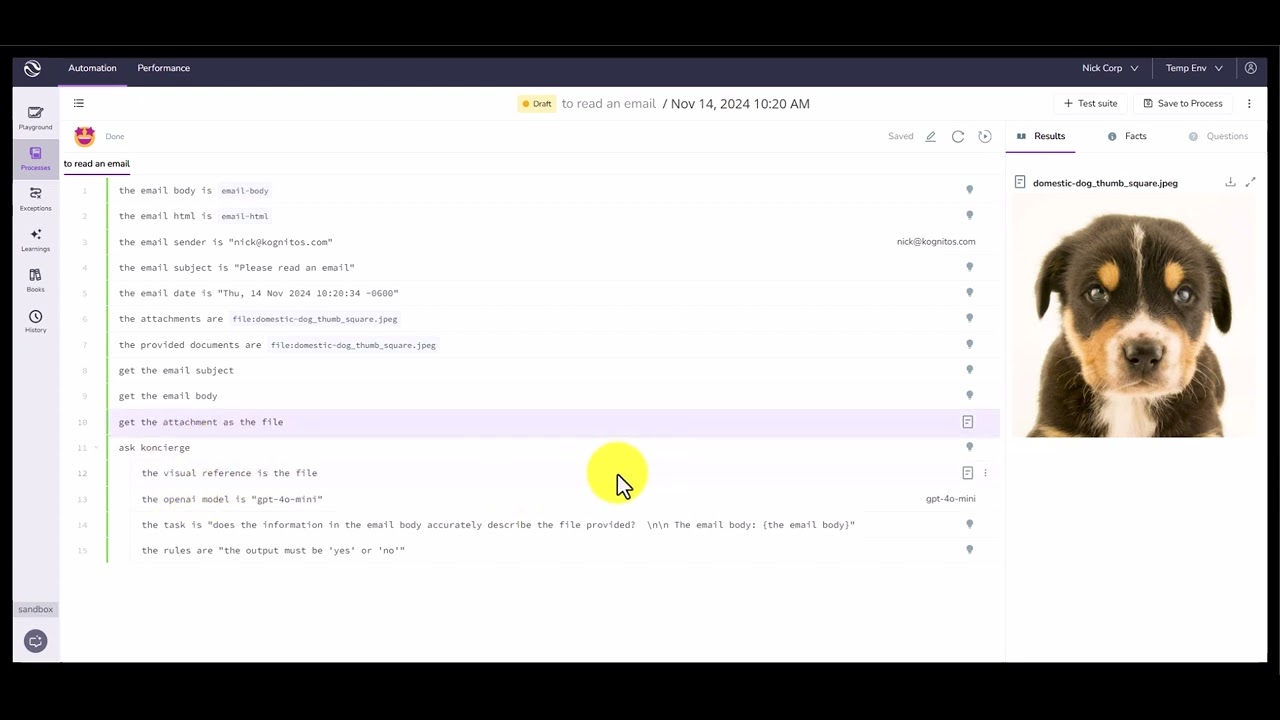 Reading an Email and taking input-based decisions on Kognitos