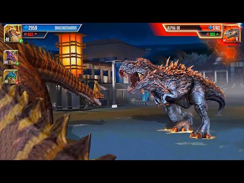 THE GIANT BRACHIOSAURUS VS REXY BOSS (ALPHA 06) | BATTLE | JURASSIC WORLD THE GAME
