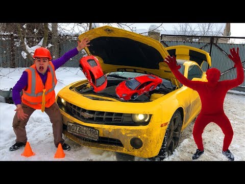 Mr. Joe on Chevy Camaro in Car Service VS Red Man found Toy Cars under Hood Car for Kids Video