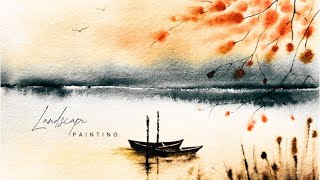 Autumn Sunset Watercolor Painting | Relaxing Lake & Boat Tutorial