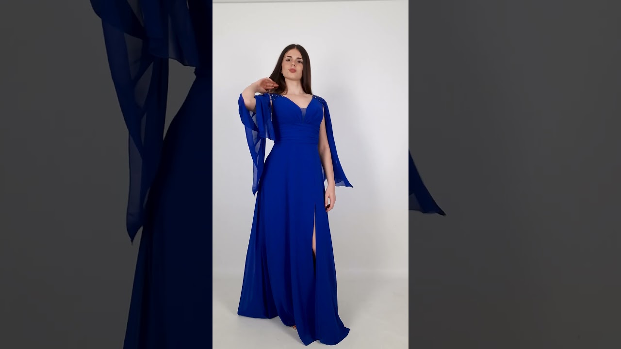 Vestito lungo cerimonia maniche lunghe stile impero con spacco R 4509 bluette