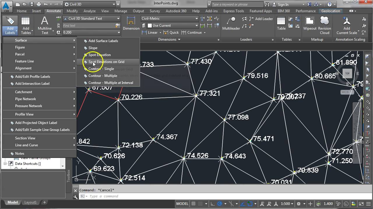 Interpolating elevations in Civil3D