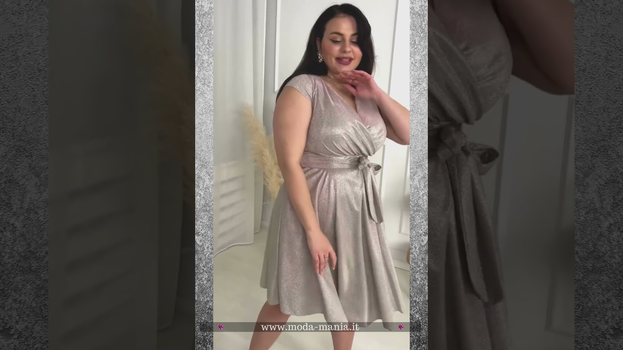 Abito svasato donne curvy argento rose in tessuto lucido glitterato con spacco laterale