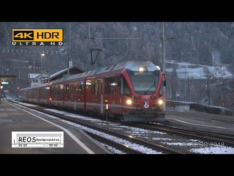 2018-11 [4K] Bahnhof Filisur on the platform during sunset. LGB Ge 4/4 II, Ge 6/6 II, Allegra...