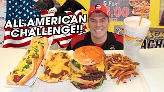 All American Burger Challenge w/ Footlong Hot Dog and Milkshake!!