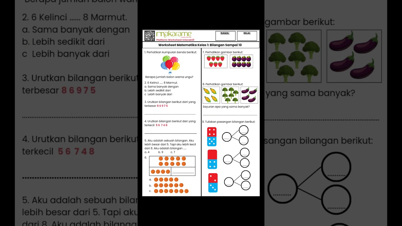 Worksheet Matematika Kelas 1 SD: Bilangan Sampai 10