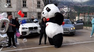 Двуметрова панда танцува в двора на СУ "Св.Св. Кирил и Методий" в Смолян