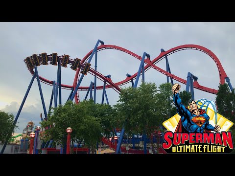 Off-ride footage of a Superman - Ultimate Flight train