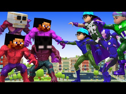 Avengers Team NickHulk, IronMan and Tani vs Team Monster Minecraft protect City - Scary Teacher 3D
