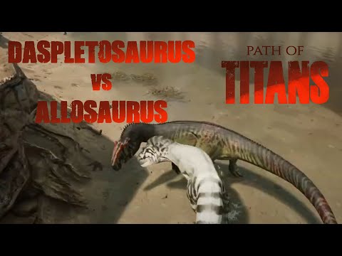 Path of Titans - Daspletosaurus pack chases lone Allosaurus from Green Valley to Big Quill Lake