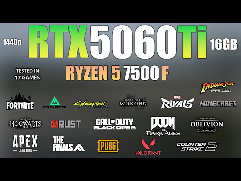Prestanda i spel — RTX 5060 Ti + Ryzen 5 7500F i 17 spel