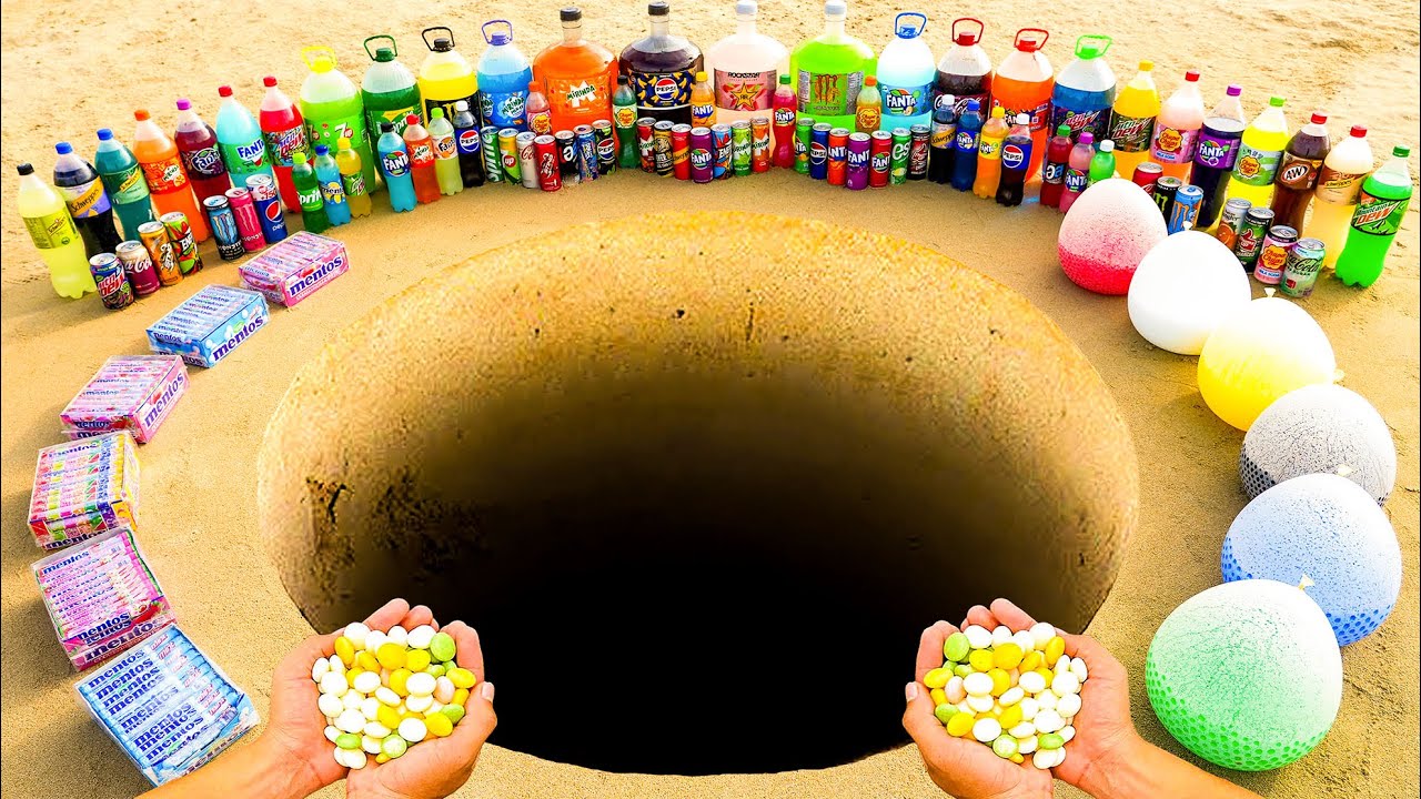 EXPERIMENT: Balloons of Orbeez, Big Pepsi, Fanta, Monster, Mtn Dew, Coca Cola vs Mentos Underground