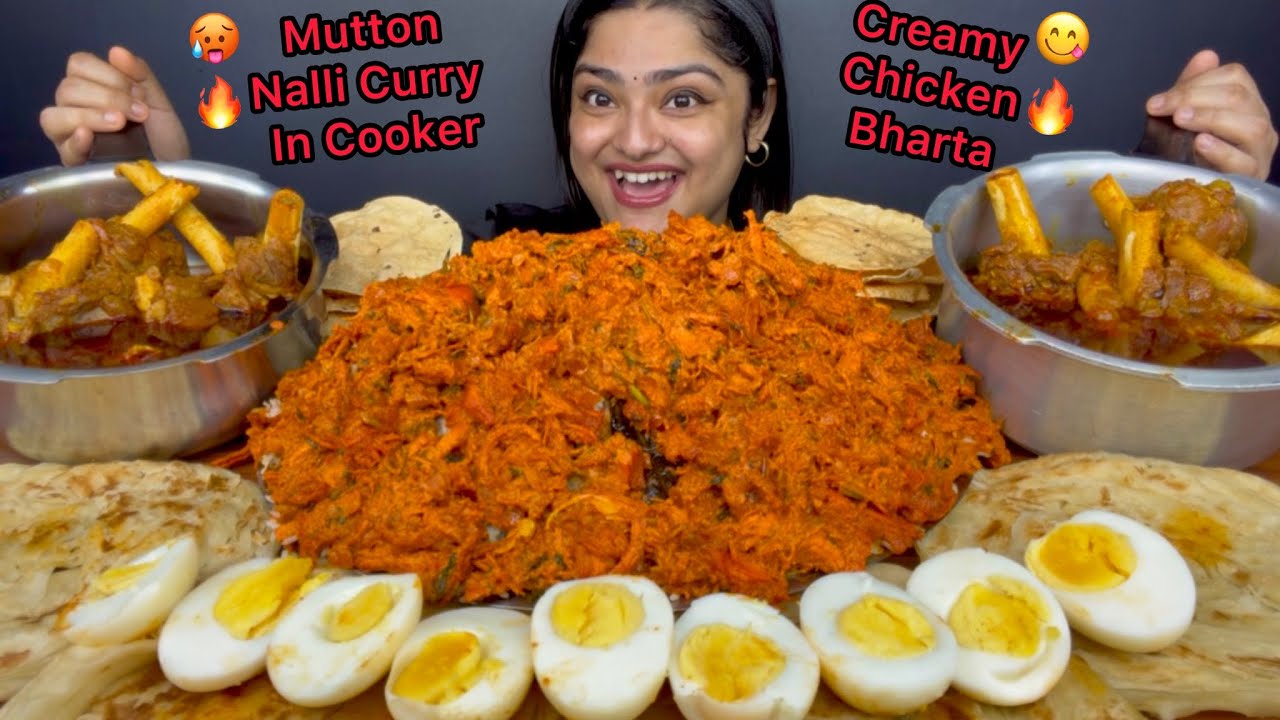 MUTTON NALLI CURRY IN PRESSURE COOKER, CREAMY CHICKEN BHARTA, JEERA RICE AND KERALA PAROTTA, EGGS