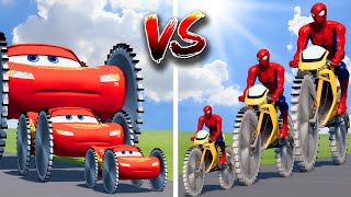 Big & Small Lightning Mcqueen vs Spiderman on a motorcycle with Saw Wheels - which is best?