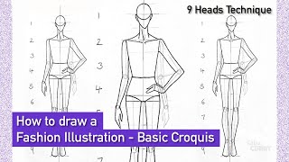 How to draw a Fashion Illustration | Step by step | Basic Croquis in front Pose | 9 Heads