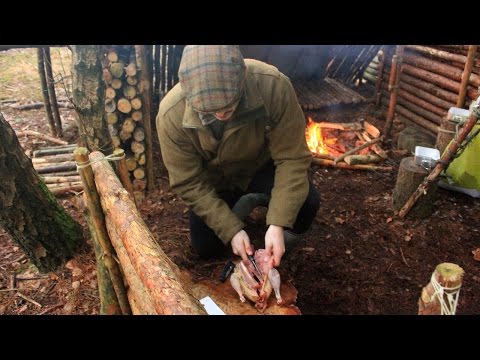 Cooking Pheasant at the Bushcraft Camp- Axe, Hunting Knife, Fire and Preparing Game in the Field