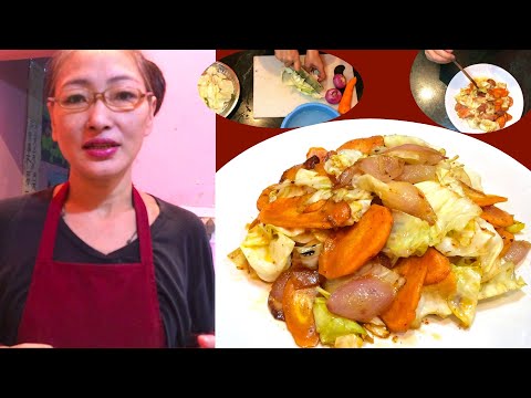 ལོ་འཁོར་པད་ཚལ་དང་ཙོང་གི་སྔོ་མ་གང་འདྲ་ཟོག་དགོས་མས་ལ།་How to make cabbage with onion fry.
