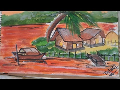 Colors of Calm: Village Life by the Water Edge | How to Paint a Rustic Village Sunset with Acrylic