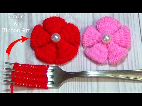 Super Easy Woolen Flower Making - Amazing Trick with Fork- Hand Embroidery - Wool Thread Design