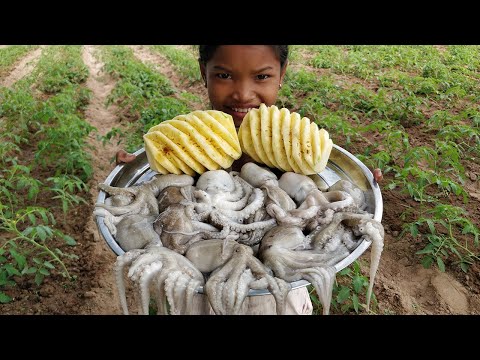 Tasty Cooking Octopus with Pineapple - Octopus Eating and Cooking in Village