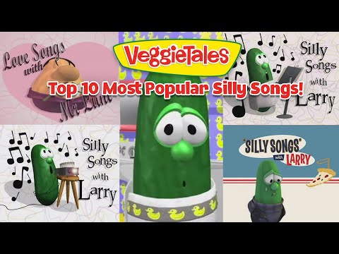 Collage promoting VeggieTales: Top 10 Most Popular Silly Songs with green veggie characters and music-themed decor.
