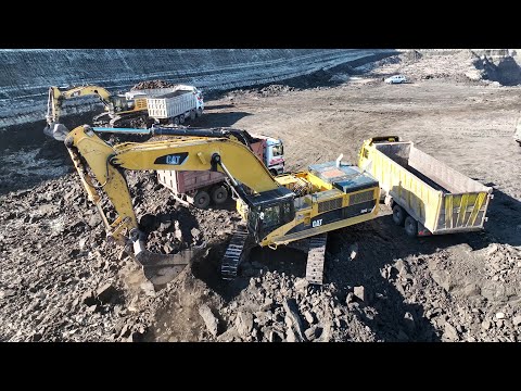 Caterpillar 385C & Caterpillar 352F Excavator Loading Coal On Trucks - Aerial View - Ascon Ltd - 4k