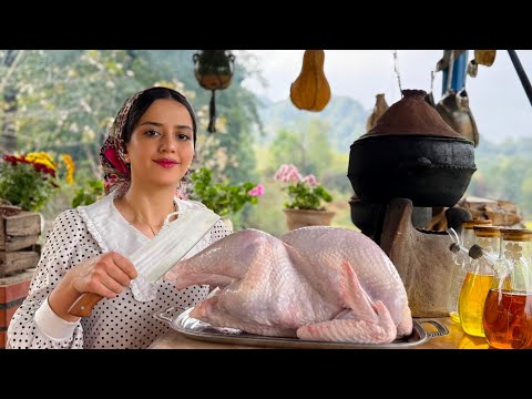 Oven-baked whole turkey with plum sauce and delicious sesame bread