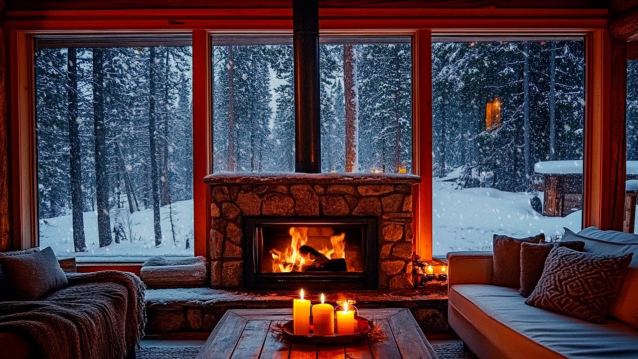 Winter Day in Cozy Cabin Ambience with Gentle Jazz Music, Snowfall & Fireplace Sounds for Relaxing