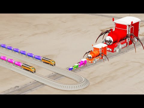 Choo Choo Charles Train Big & Small Saw Wheels Vs Sharp U turn Rail Track Vs Train- BeamNG.Drive