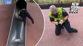 Boston cop violently launched off massive park slide in viral video