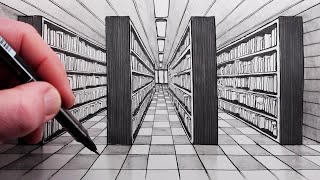How to Draw a Library in One-Point Perspective for Beginners: Narrated Drawing
