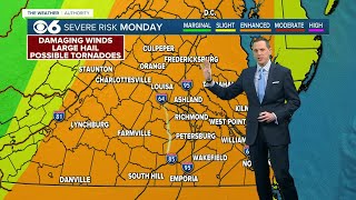 Enhanced risk (Level 3) for severe weather Monday with potential for some tornadoes in Virginia