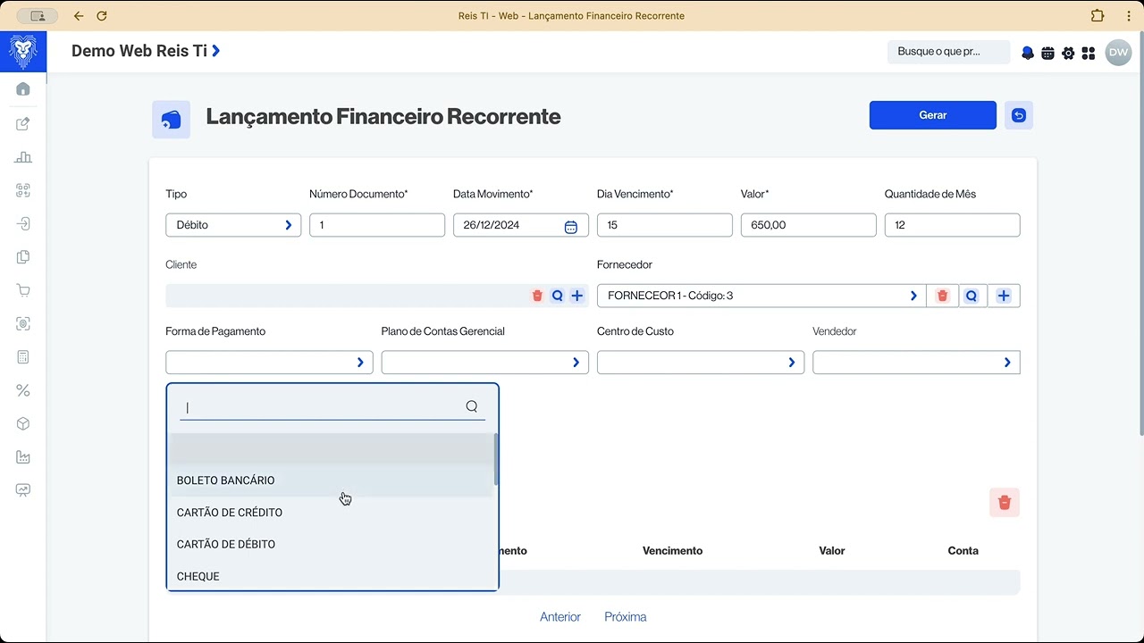 Lançamento Recorrente - Reis T.I Web