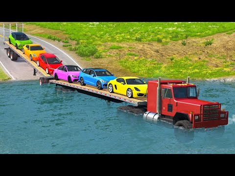 Transporter Super Cars Speed Bumps Flatbed Trailers Cars Rescue | BemNG.Drive