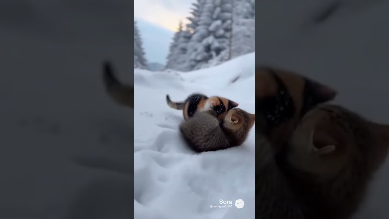 雪でもへっちゃら。遊びたい盛り #おもしろ動画 #cat #三毛猫 #ai動画 #kitten #cute #ポメラニアン #funny
