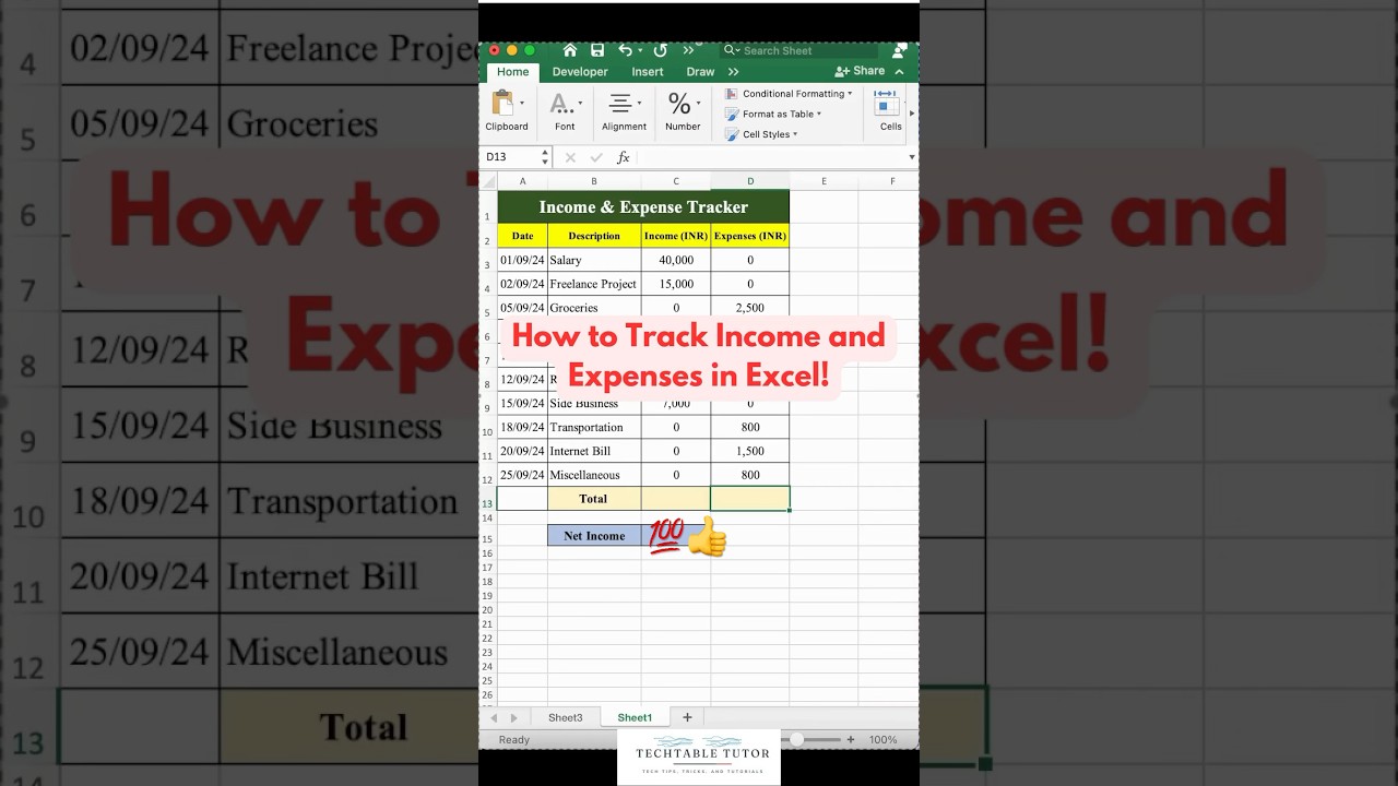 Excel Tutorial: How to Track Income and Expenses in Excel #excel #excelshorts #exceltutorial