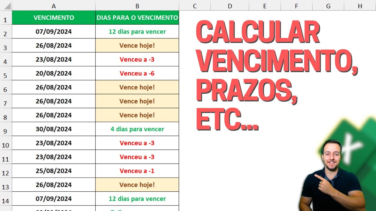 Calcular Vencimento de Datas, Prazo, Contagem Regressiva etc no Excel com Alerta de Cores