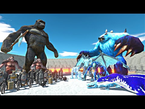Mutant Primates+King Kong vs Ice Monsters Team in Lava Stadium Arena -Animal Revolt Battle Simulator