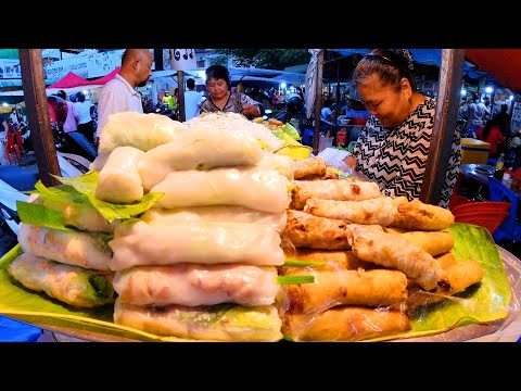 Best Street Food in Heavy Rain - Spring Rolls, Cambodia Noodles, Fried Chicken Wings, Meatballs