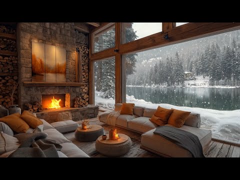 Soothing Jazz Music in A Cozy Living Room Space ❄️ Snowy Scene and Fireplace Sound for Relaxation