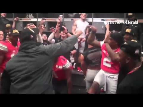 Ohio State players dance it up in the locker room after winning a national championship.