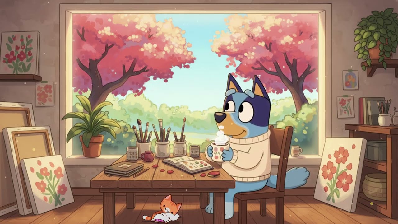 Bluey Spring Art Studio 🎨 Cozy Morning Light, Blooming Trees & Relaxing Lofi Beats