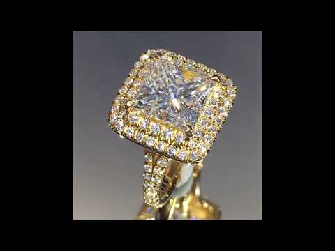 3+ carat Princess Cut Diamond Ring in Yellow Gold Double Halo