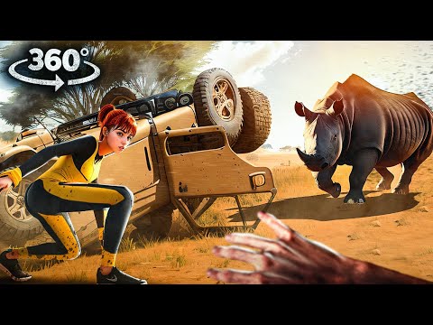 360° Animal Attack - Escape and Survive Rhino in Car with Girlfriend VR 360 Video 4k ultra hd